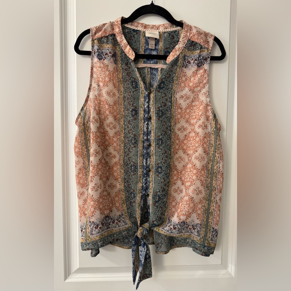 x564 Knox Rose Boho Multi-Color Mixed Print Sleeveless Button & Tie Front Blouse
